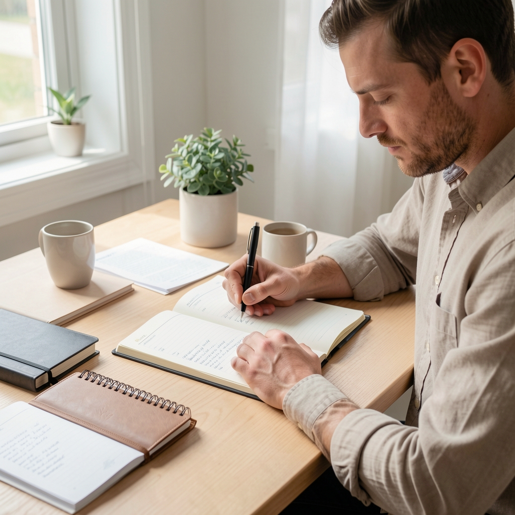 Man writing in a structured daily journal at a clean wooden desk, natural daylight, objects neatly arranged — morning preparation ritual
