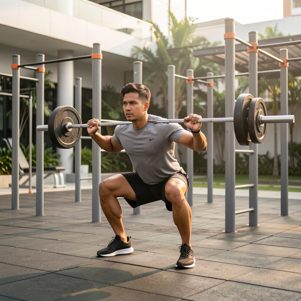 Man engaged in functional bodyweight strength training in a modern outdoor gym, morning light, Jakarta