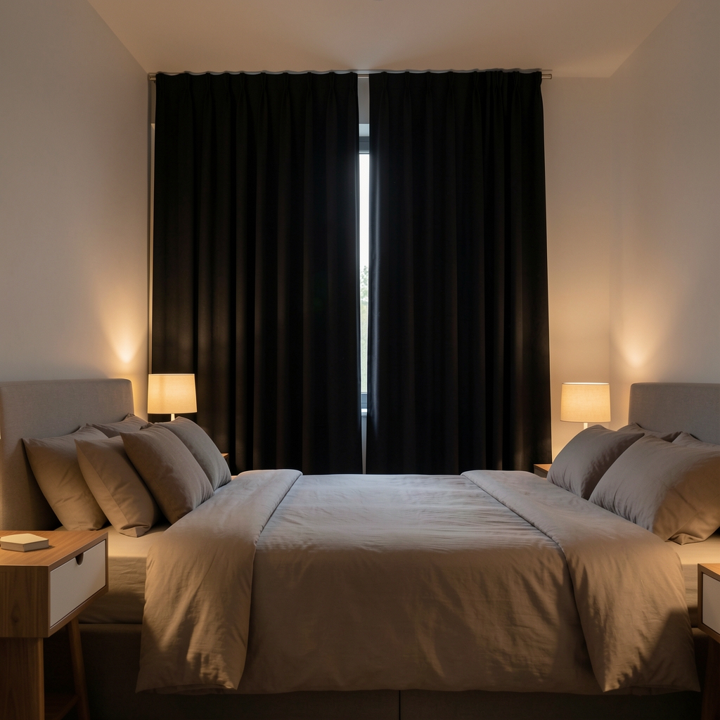 Minimalist bedroom with blackout curtains partially drawn, dim warm lighting, emphasising a quality sleep environment