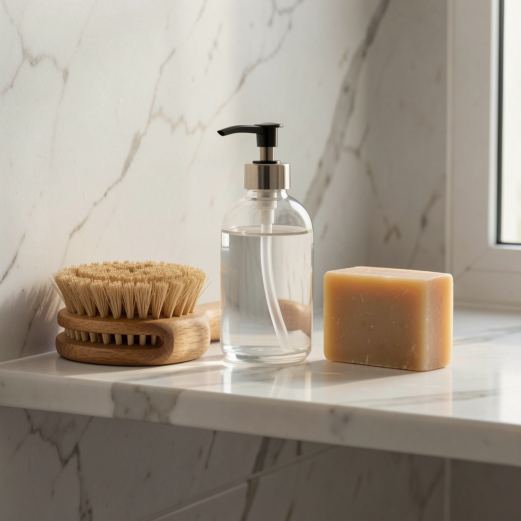 Well-arranged grooming essentials — wooden brush, glass bottle, and natural soap — on a marble bathroom shelf